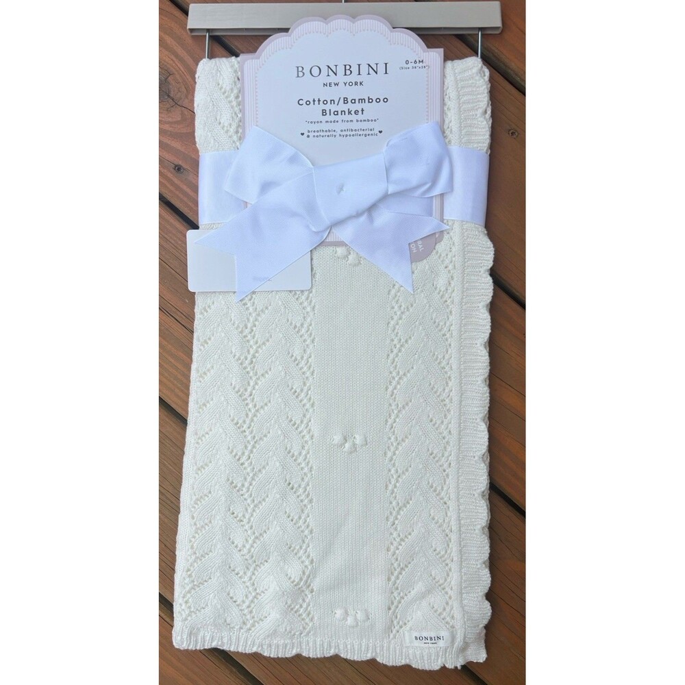 Bonbini Knit Baby Blanket Cream Ivory Infant Gender Neutral Textured Pretty Gift